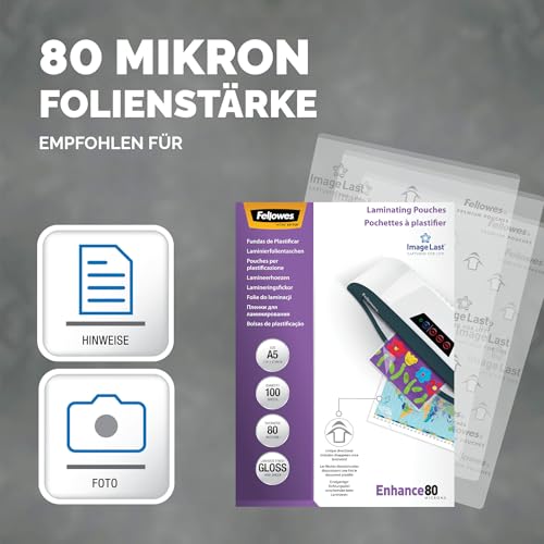 Fellowes Laminierfolien A5 ImageLast, 80 Mikron (2 x 80 Mikron), 100 Stück, transparent mit Ausrichtungshilfe. Ideal für Fotos und Informationshinweise mit optimalem Kontrast