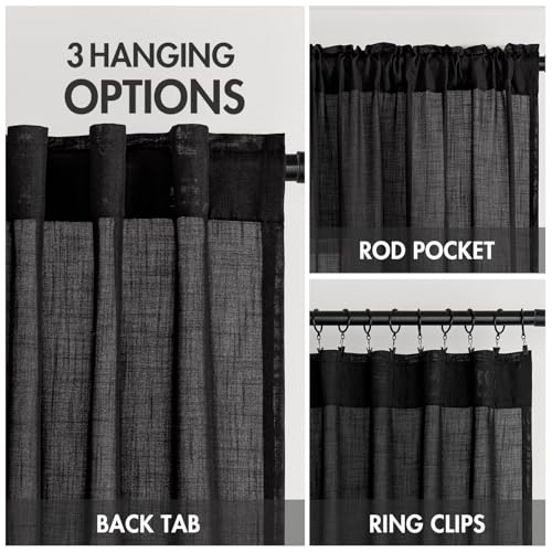 MIULEE Black Linen Curtains 90 Inch Length 2 Panels for Bedroom Living Room, Soft Thick Linen Textured Back Tab Window Drapes Semi Sheer Light Filtering Rod Pocket Modern Farmhouse Halloween Decor