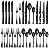 24-Piece Black Silverware Set with Steak Knives Black Stainless Steel Flatware Set for 4 Food Grade Tableware Cutlery Set Rust-proof, Mirror Polished, Dishwasher Safe