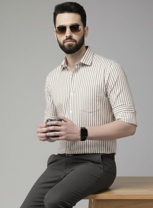 Image of U TURN Men's Casual Solid Stylish Formal Striped Shirt for Men