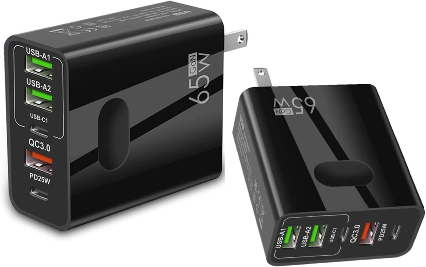 Wall Charger Block 65W, 2Pack 5 Port Fast Charging Block USB Charger PD 25W QC 3.0