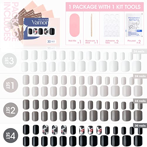 Vamony 4 Packs Press On Nails Short Square, 102Pcs Gray White Fake Nails, Fashion Black Design Pack False Nails, Fashion Grays #TOP5
