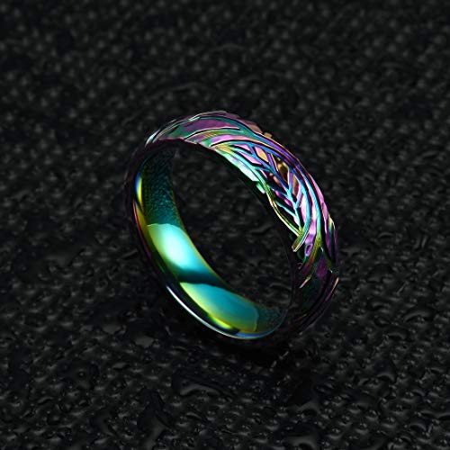 THREE KEYS JEWELRY 6mm Rainbow Color Plated Titanium Ring Leaf Texture Pattern Engraved Hammered Design Wedding Band Engagement Ring for Men Women Comfort Fit 11 - Thumbnail 2