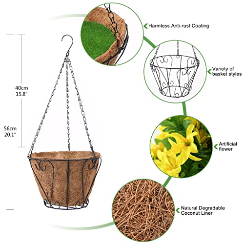 Inqcmy Artificial Hanging Violet Flowers In Basket For Patio Garden Decor,Artificial Hanging Vine Plant In Basket,Coconut Lining Hanging Basket With Flower For The Decoration Of Courtyard(Yellow) #TOP4