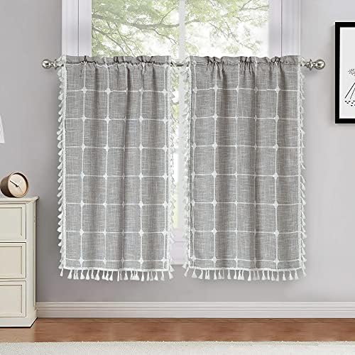 MILLSAWAY Tassel Kitchen Curtain for Windows Modern Farmhouse Small Curtain, Embroidery Lattice Half Window Curtain with Rod Pocket for Cafe Bathroom Basement (Set of 2, Grey, 60*90cm)
