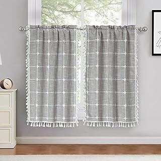 MILLSAWAY Tassel Kitchen Curtain for Windows Modern Farmhouse Small Curtain, Embroidery Lattice Half Window Curtain with Rod Pocket for Cafe Bathroom Basement (Set of 2, Grey, 60*90cm)