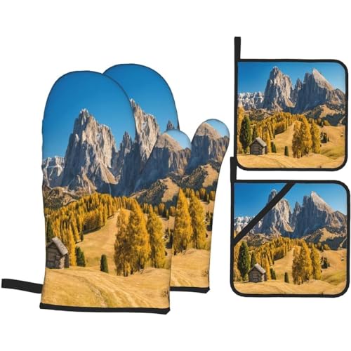 Oven Mitts And Pot Holders Sets, Lovely Hut Pattern Kitchen Oven Glove and Potholder 4 Pcs For Baking Bbq