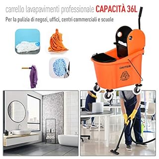 HOMCOM Secchio per Mocio Professionale 36L, Carrello Lavapavimenti con Strizzatore Manuale e 2 Secchi, Arancione e Nero
