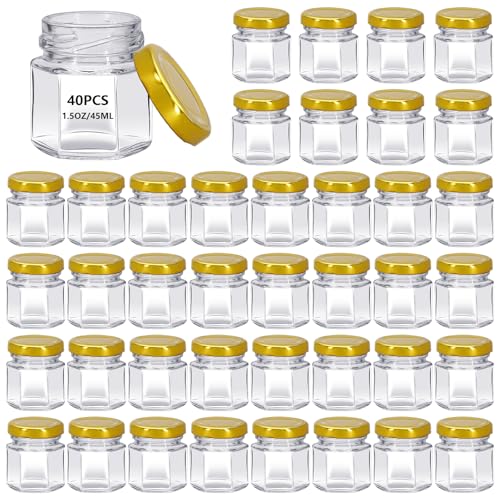 eispap 40 Pack 1.5 oz Mini Clear Honey Jars for Wedding Favor, Baby Shower, 45ml Small Glass Favor with Airtight Lids, Gift Jars, Sample Body Butter, Jam, Spices, Herbs, Candy, Candle (Gold cap)