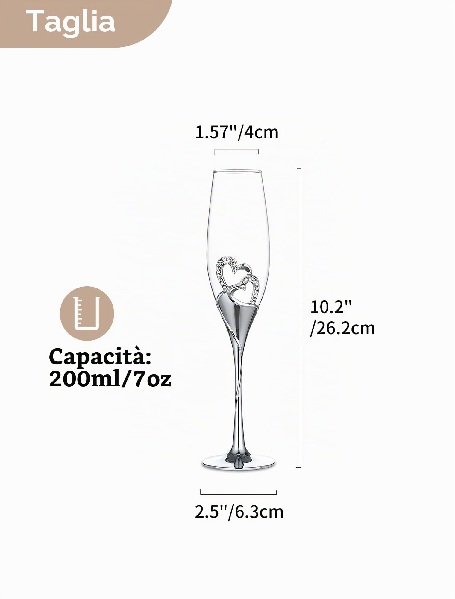 Nuptio Regalo Matrimonio Bicchieri Champagne: Set di 2 Calici Prosecco - 25 Anni Matrimonio Regali - Argento Flute Vetro