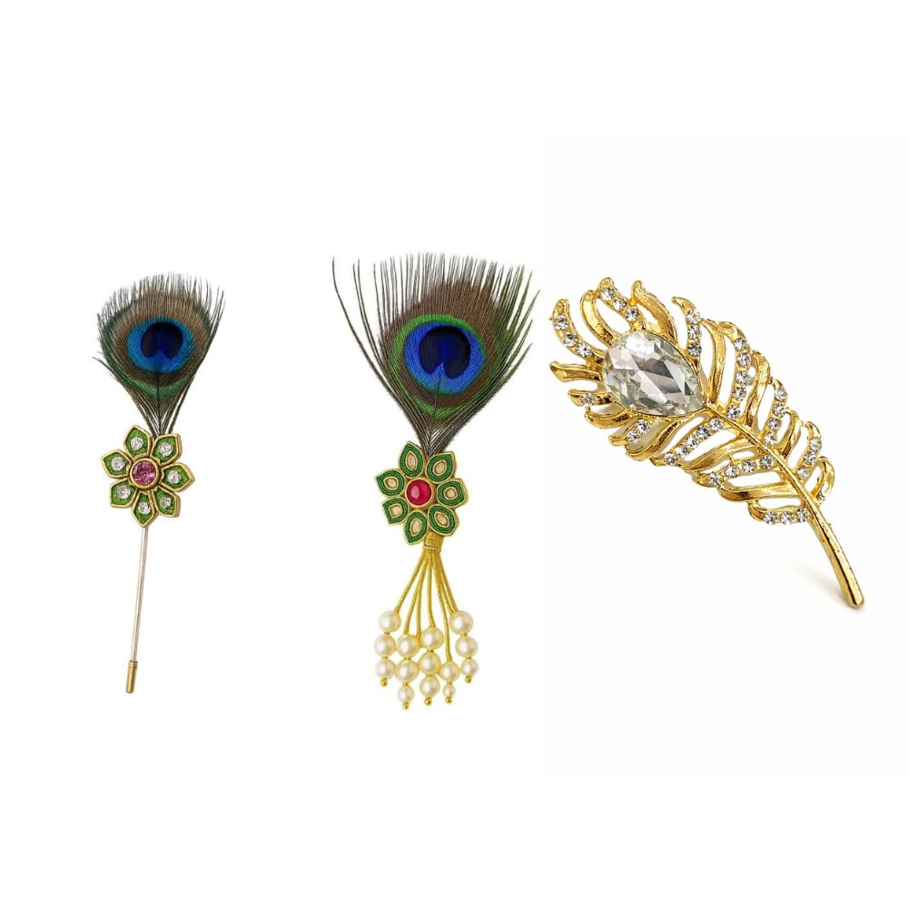 Men’s Coat Brooch Combo (Pack of 3) – Peacock Feather Lapel Pins & Gold Feather Crystal Brooch for Sherwani, Suit & Blazer | Groom Wedding Set | Decorative Men’s Suit Accessories-image-31