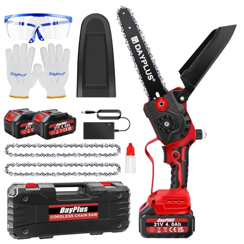 4000mAh Mini Chainsaw Cordless 8 Inch, Mini Electric Chain Saw Cordless Hand Held Chainsaw Pruner, 2 Rechargeable Batteries 4.0Ah, 2 Chains, Security Lock, Battery Chainsaw for Branch Wood Cutting