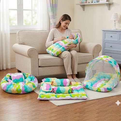 Image of Fareto Combo of Baby Nest | Net with Bed | Carry Bag | 4 Pcs Bedding Set(0-6 Months) (Fullset Nest) (New Pista Green)