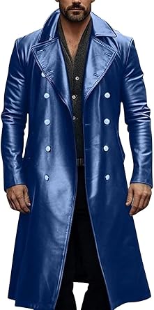 Long Leather Jakcet for Men Retro Slim Fit Motorcyle Trench Coat Full Length Faux Leather Overcoat Windbreaker