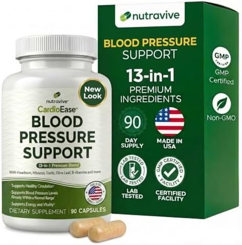 Nutravive 13-in-1 Heart Health Supplement – Supports Healthy Circulation & Blood Pressure Levels – with Hawthorn, Garlic, Olive Leaf, Hibiscus, B12, Juniper, Green Tea and More |GMP|90 Capsules|