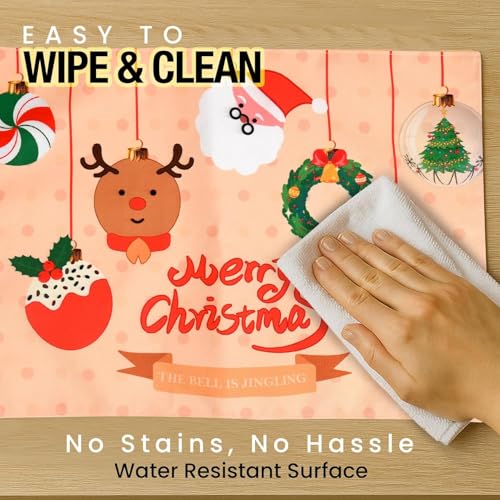 Image of Dining Table Mats Set of 2 - Merry Christmas Theme,Digital Print, Washable, Indoor /Outdoor, Heat-Proof, Water Resistant, Wipe & Clean (47X33 cm) Cream & Red
