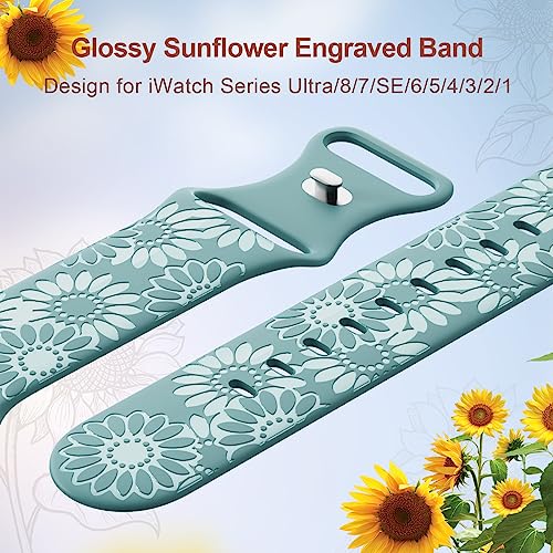 Image of Sunflower Engraved Band Compatible with Apple Watch Bands 38mm 40mm 41mm 42mm 44mm 45mm 49mm Women, Designer Soft Glossy Floral Silicone Strap for iWatch Series Ultra 11 10 9 8 7 6 SE 5 4 3 2 1