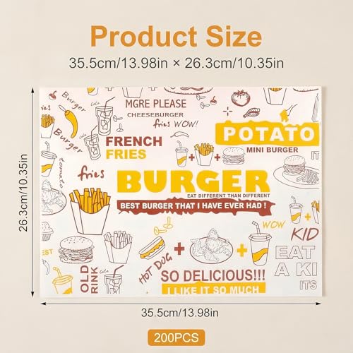 200 Blatt Käsepapier, 36 x 26cm Wachspapier für Lebensmittel, Food Grade Burger Papier Brotpapier Sandwichpapier Cheese Paper Wrap Paper, Fettdichtes Lebensmittelpapier für Burger, Sandwich, Pommes