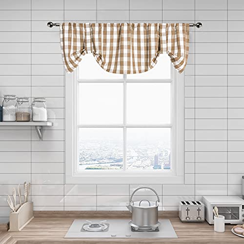 ZJDECOR Taupe Buffalo Plaid Tie Up Valances, Buffalo Checkerd Gingham Farmhouse Retro Rod Pocket Adjustable Tie-Up Shade Valance for Kitchen Cafe Windows Curtains, 56 x 18 , Taupe White