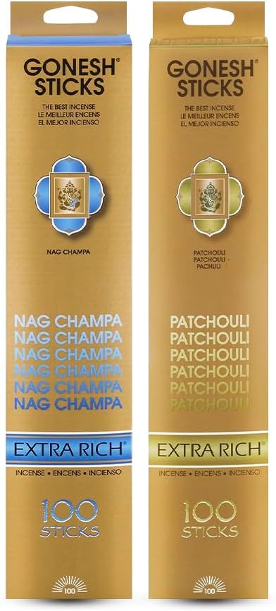 Gonesh - Extra Rich Scented Incense Sticks Bundle - Non-Toxic 10” Slow Burn Aromatic Sticks - Nag Champa & Patchouli - 100 Sticks Each