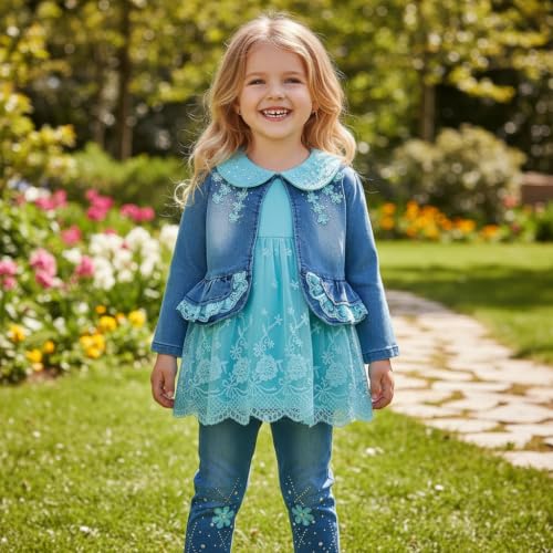 Image of Peacolate 6M-4Years Spring Fall Baby Girls Clothing Set 3pcs Long Sleeve Dress Denim Jacket and Jeans