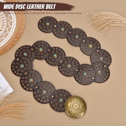 Western Leather Belts for Woman Boho Cowgirl Wide Disc Belt for Women Concho Cowboy Waist Belts for Dress (Coffee-bronze Buckle, 56'' (fits waist size up to 53''))2