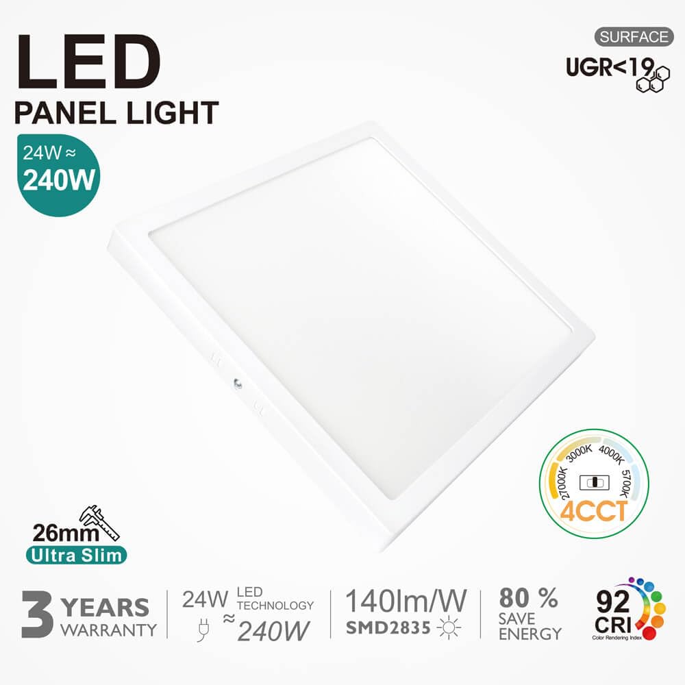 FactorLED ¡NOVEDAD! Plafón Led Cuadrado, 24W (240W), 2880Lm, 21cm, Downlight Panel Superficie para Techo, Antideslumbramiento, Luz Seleccionable 4CCT 2700K-3000K-4000K-5700K (10, 21 mm)