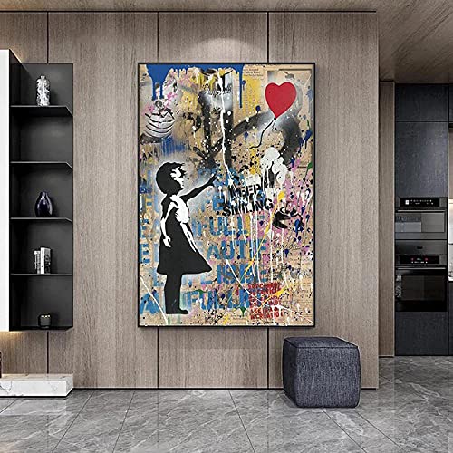 Toile Banksy Fille au Ballon encadrée réglant le problème des murs vides avec art urbain 70x100