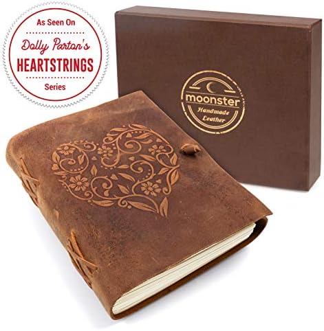 moonster Genuine Leather Journal for Women Beautiful Handmade Leather Bound Notebook with Embossed Heart Cover for Daily Drawing & Sketching, Perfect 18x13 cm Size for Travel or Writing on The Go