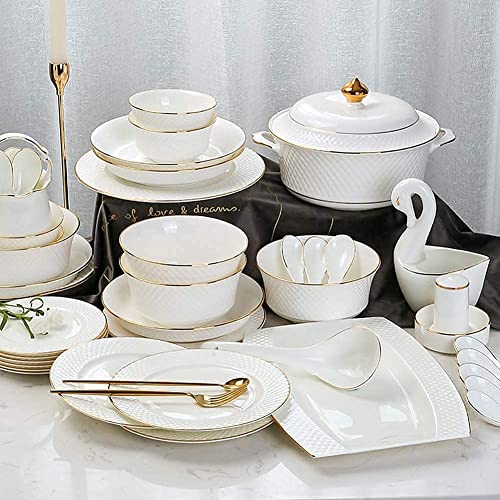 Juego de vajilla de cerámica, Cuencos/Platos/Olla de Sopa/Cuchara |? Bone China Servicio de Cena, Juego de combinación de Porcelana con patrón de Borde Dorado en Relieve Blanco, Servicio para 6