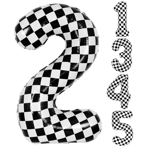 40 Inch Checkered 2 Balloons, Black and White Foil Number 2 Balloons for Race Car 2th Birthday Party Decorations, Boys Girls Racing Car Track Theme Supplies