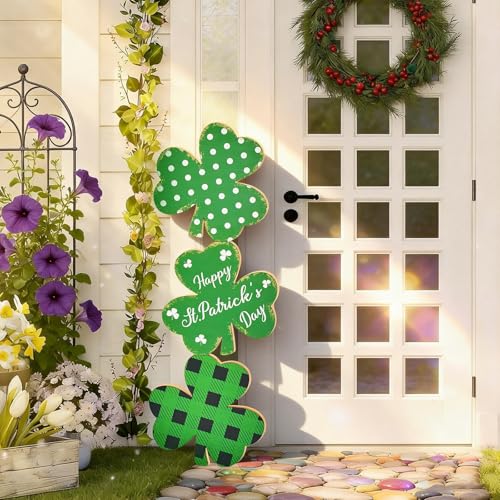 LawnIdyll 35 Inch St. Patrick’s Day Large Wooden Porch Sign, Shamrock Standing Decor with Rope, Rustic Clover Wood Welcome Sign for Outdoor Indoor Porch Entryway Farmhouse Holiday Decoration