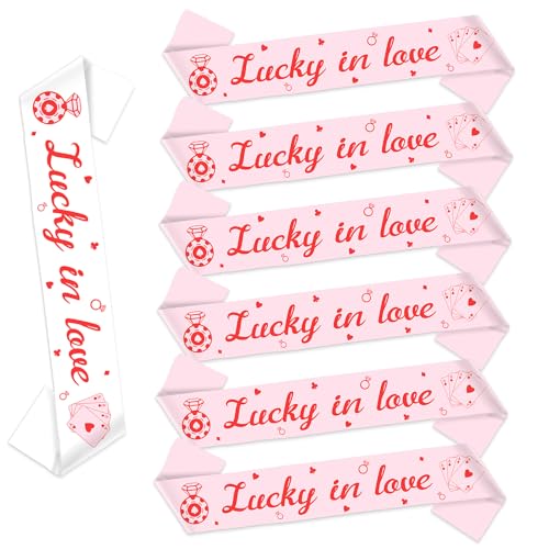 Diartpaint 7pcs Lucky in Love Bachelorette Party Decoration Casino Bride and Bridesmaids Sash Set Pink Las Vegas Bachelorette Sashes with Pins for Poker Themed Bridal Shower Gambling Wedding