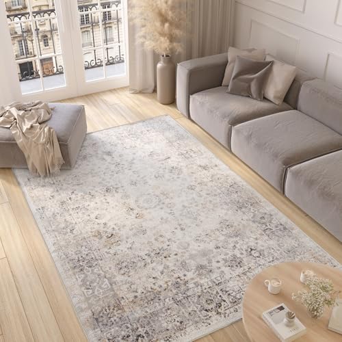 TAPISO Valley Teppich Kurzflor Vintage Hellgrau Blumen Rahmen Orientalisch Used Effekt Meliert Verwischt Wohnzimmer Schlafzimmer ÖKO-TEX 200 x 300 cm
