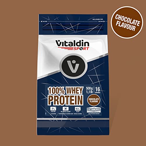 VITALDIN-SPORT-100-Whey-Protein-500-g--100-Proteina-de-Suero-de-Leche-en-polvo-con-Digezyme--Aumento-y-Proteccion-Muscular--Sabor-Chocolate--65-g-de-BCAA-por-serving--Sin-Azucares-Anadidos