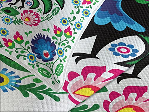 Ambesonne Folk Art Bedspread, Traditional Folkloric Ukranian Wzory Lowickie With Flowers Leaves And Roosters, Decorative Quilted 3 Piece Coverlet Set With 2 Pillow Shams, Queen Size, Green Magenta #TOP2