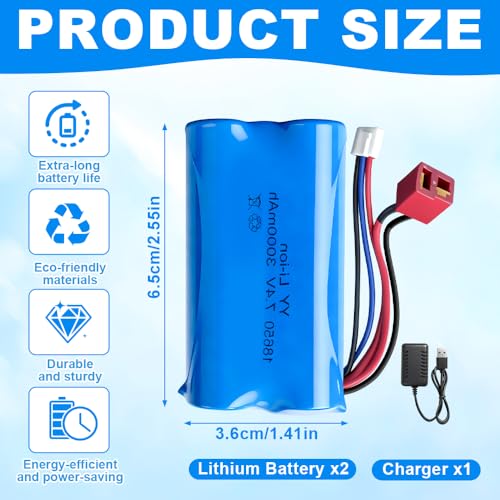 2 Stück 7,4V 3000mAh Wiederaufladbar 18650 Li-ion Akku mit Deans T Stecker und USB Ladegerät, 18650 Li-ion Batterie für RC Autos, Boote, Panzer, Roboter