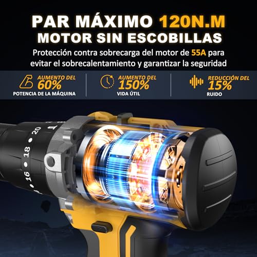 Miniatura 2 de Sundpeypro Taladro Percutor Bateria 120nm - 21v Sin Escobillas Taladro Atornillador Inalámbrico Con 2 Baterías 4.0ah, 20 3 Ajuste De Par Destornillador Electrico, 13mm Portabrocas, 2 Velocidad