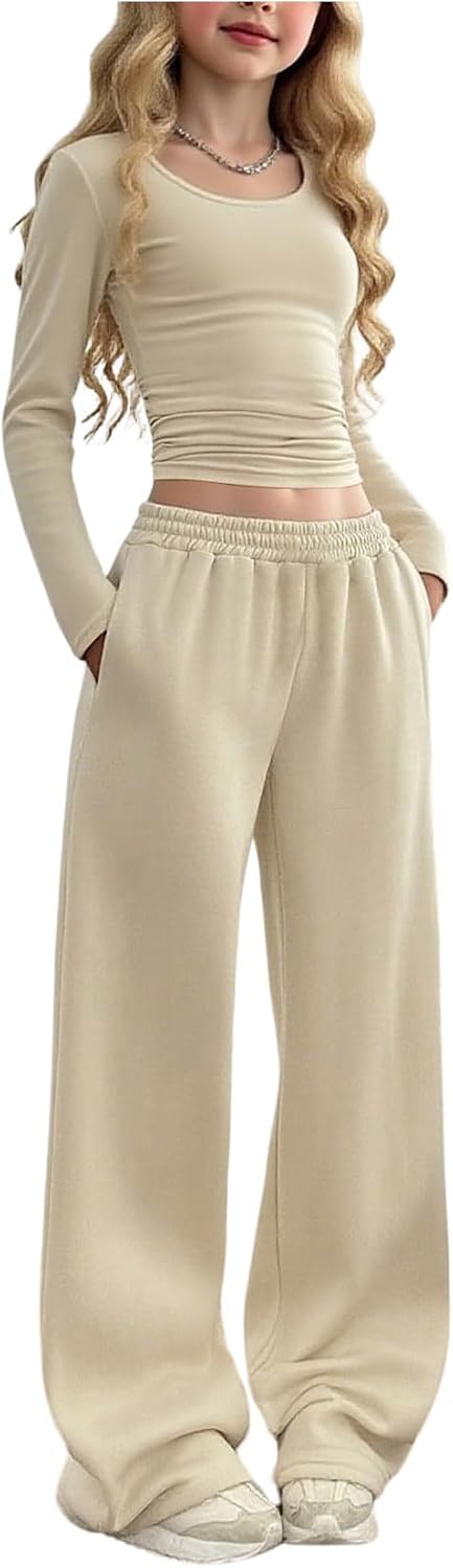 SOLY HUX Girl's 2 Piece Outfits Long Sleeve Ruched Crop Tops and Wide Leg Pants Set Casual Fall Clothes