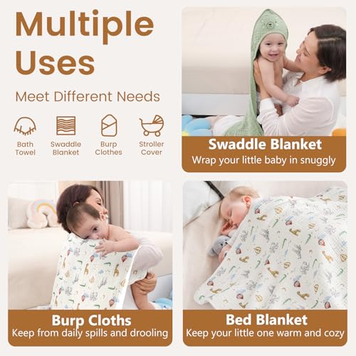 Image of david's kids 2 Pack Hooded Baby Towels, Large 32 inchx32 inch, 6 Layer 100% Muslin Cotton Highly Absorbent Boy Girl Bath Towel for Newborn, Infant, Toddler, Ultra Soft and Breathable Baby Essentials, Animals
