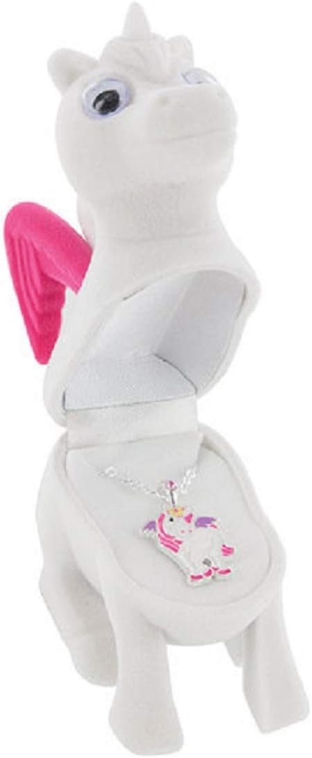 DMM001 Childrens Jewelry, Girls Unicorn Necklace, Dazzling Pendant with Sparkling Colored Accent Bale Stone, in Matching Playful Flocked White Box.