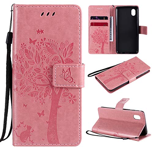 Fatcatparadise Coque pour Samsung Galaxy A01 Core, Etui Samsung A01 Core, Antichoc TPU Housse Cuir Flip Case Portefeuille Etui Rabat [Magnétique] Coque de Protection Fentes pour Cartes Cover (Rose)