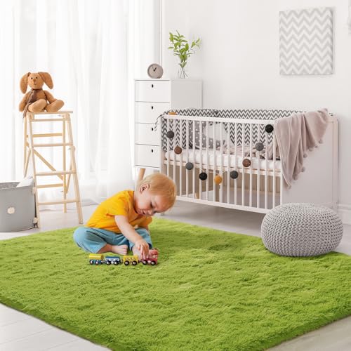 Green Rug for Bedroom, 3x5 Fluffy Area Rugs for Kids Playroom, Furry Carpet for Nursery Room, Shaggy Rug for Teen Living Room, Thick Fuzzy Plush Rug for Dorm, Cute Room Decor for Baby