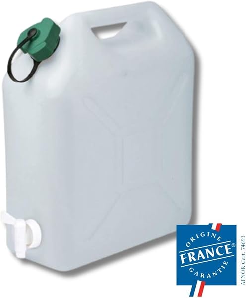 EDA - Bidon à Eau 10 L - Jerrican Extra Fort avec Bouchon Simple et Robinet - Certifié Contact Alimentaire - 29 x 14 x 35 cm - Naturel - 2