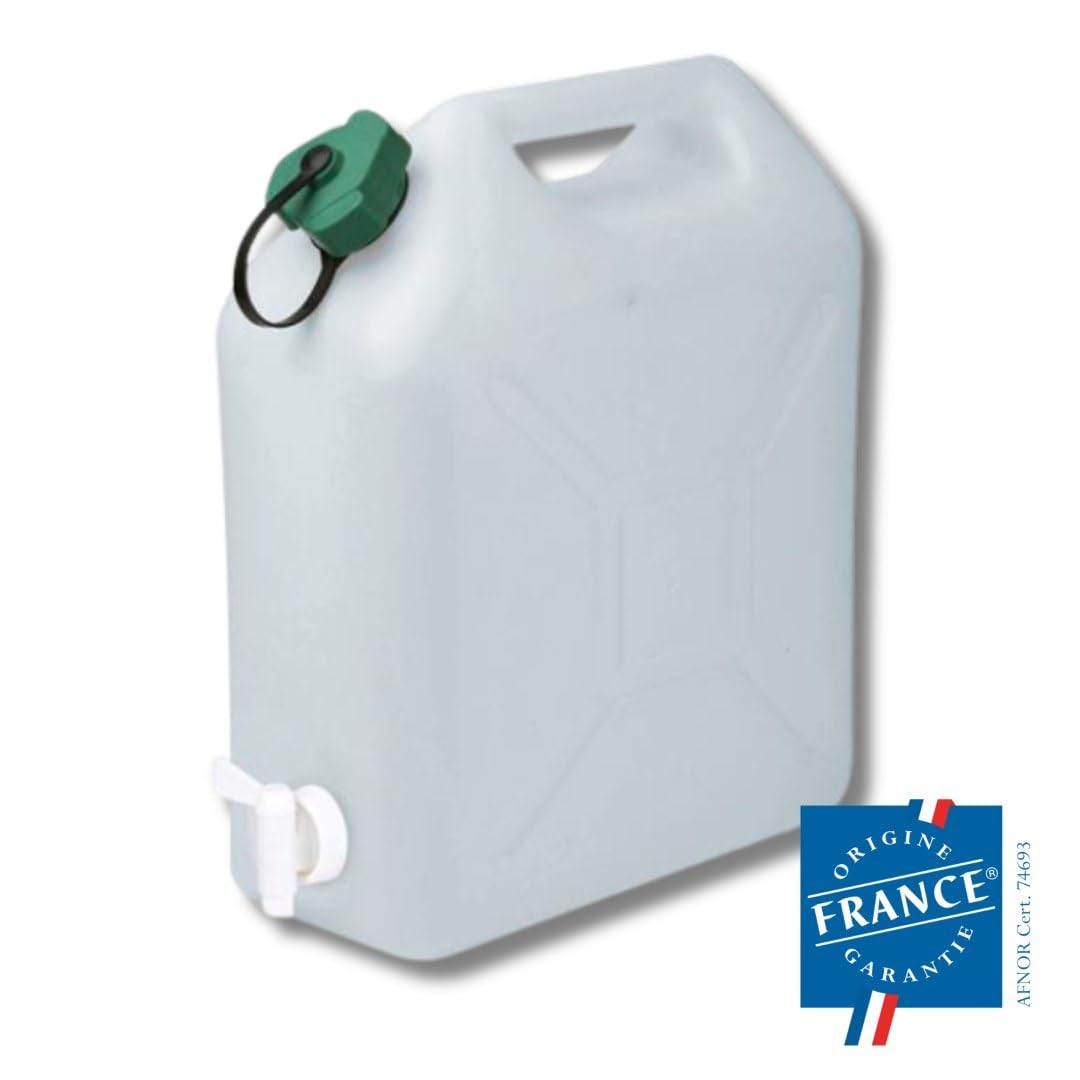 EDA - Bidon à Eau 10 L - Jerrican Extra Fort avec Bouchon Simple et Robinet - Certifié Contact Alimentaire - 29 x 14 x 35 cm - Naturel