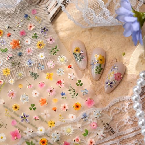 Image of Flower Nail Stickers Colorful Floral Nail Art Stickers Summer Wildflower Leaf Plant 5D Embossed Self-Adhesive Nails Decals Supply Manicure for Women Nails Decoration
