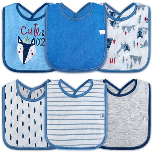 Image of REBE & CO 6 Pack Waterproof Cotton Baby Bibs for Girls Boys for Drooling Eating with Snaps, Teething Bibs, Feeding Bibs, Newborn Baby Shower (Little Fox Blue Oxford)