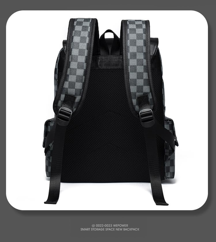 Retro men's business plaid backpack can hold a 15.6-inch laptop, women's stylish travel waterproof leather backpack. (black-16.3inch)