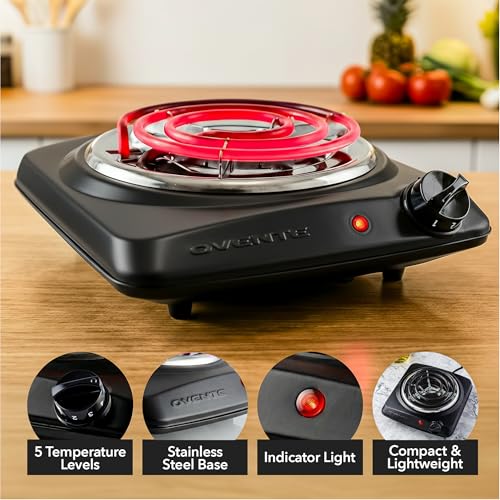 OVENTE Electric Countertop Single Burner, 1000W Cooktop with 6" Stainless Steel Coil Hot Plate, 5 Level Temperature Control, Indicator Light, Compact Cooking Stove and Easy to Clean, Black BGC101B by OVENTE - Image 2