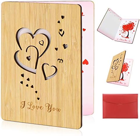 HOWAF Heart Card Handmade Wood Anniversary Greeting Card Love You Card with Envelope Valentine's Gift Card for Him, Her, Boyfriend, Girlfriend, Husband, Wife, Couple, Mum, Birthdays, Weddings